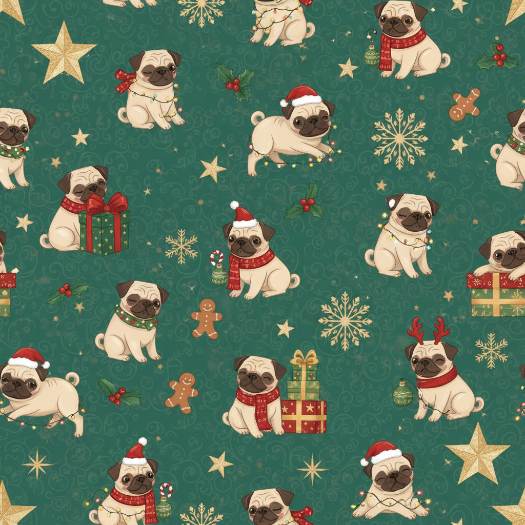 Personalized Christmas Wrapping Paper - pugs with various christmas | Custom AI Design | Wrapelle