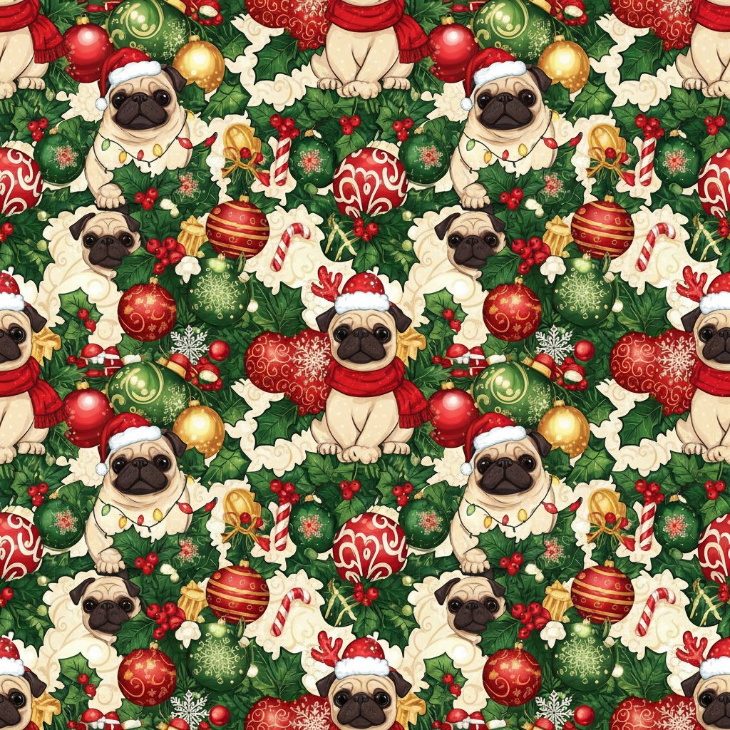 Personalized Christmas Wrapping Paper - pugs with various christmas | Custom AI Design | Wrapelle