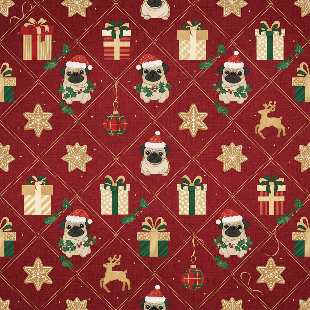 Personalized Christmas Wrapping Paper - pugs with various christmas | Custom AI Design | Wrapelle