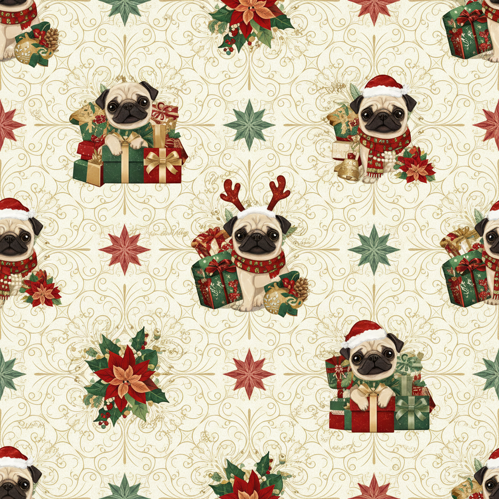 Personalized Christmas Wrapping Paper - pugs with various christmas | Custom AI Design | Wrapelle