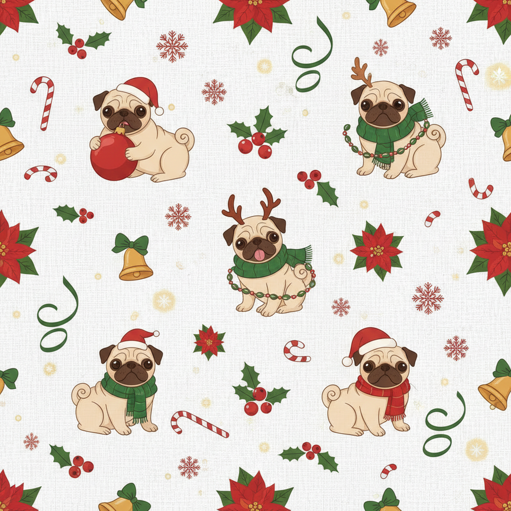 Personalized Christmas Wrapping Paper - pugs with various christmas | Custom AI Design | Wrapelle