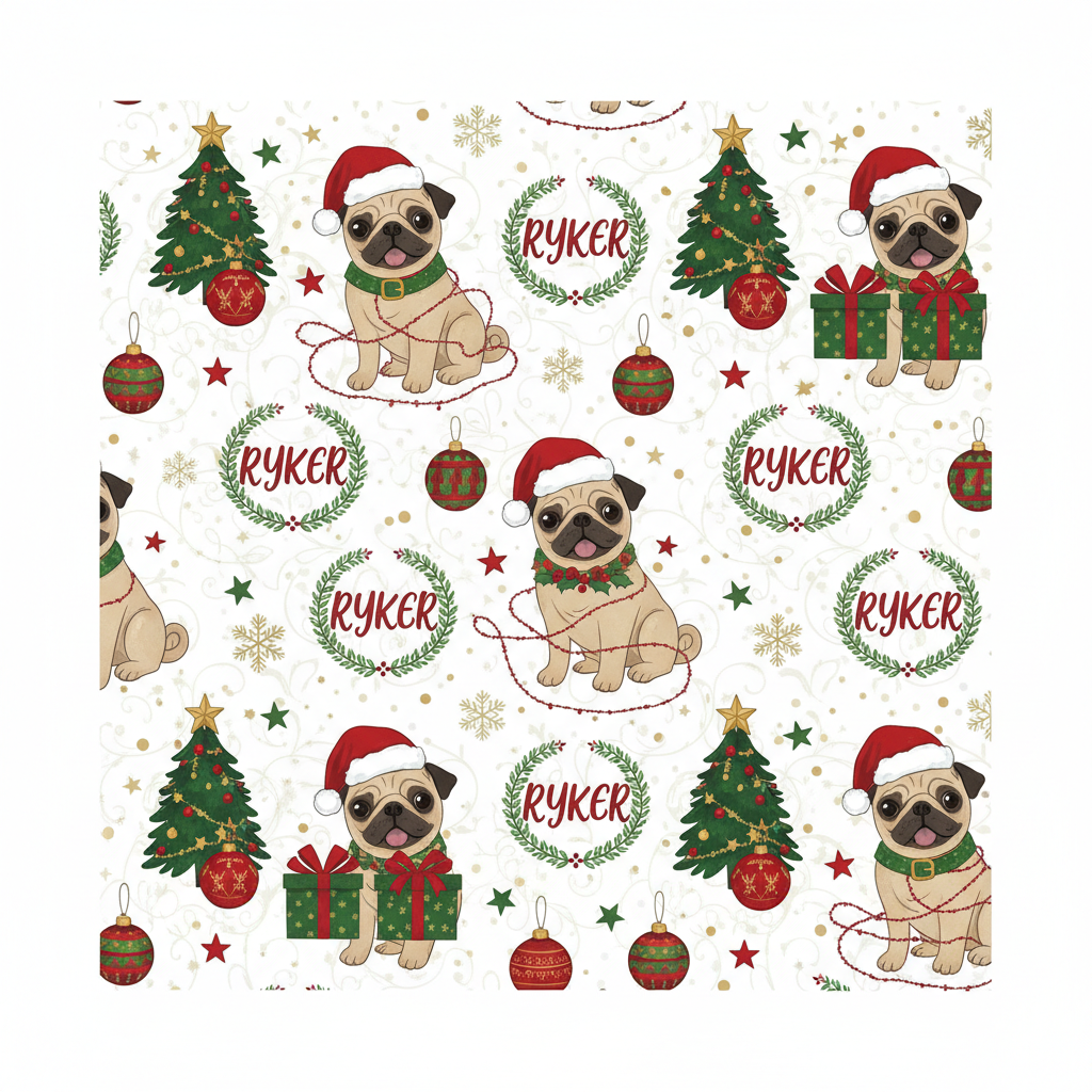 Personalized Christmas Wrapping Paper - pugs with various christmas | Custom AI Design | Wrapelle
