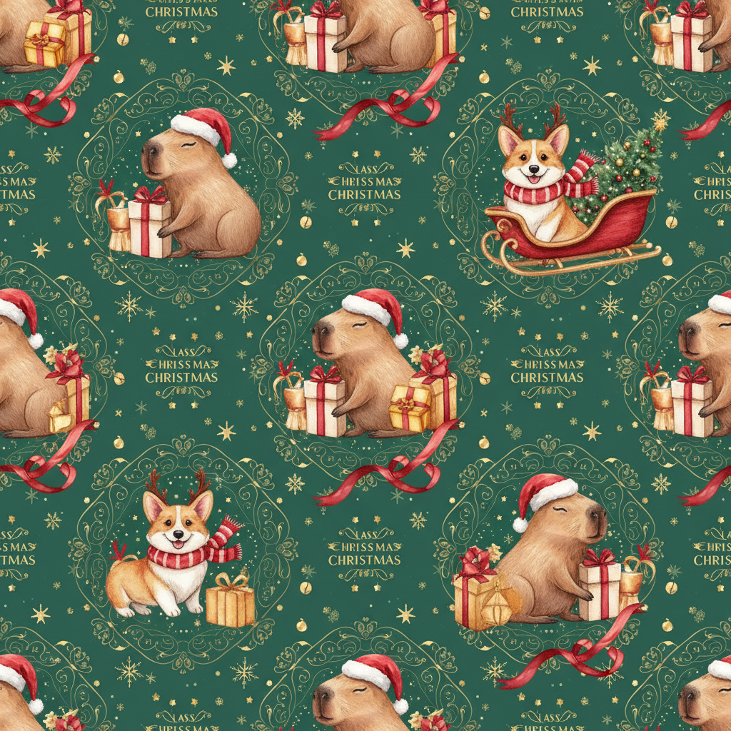 Personalized Christmas Wrapping Paper - christmas capybara corgis. classy | Custom AI Design | Wrapelle