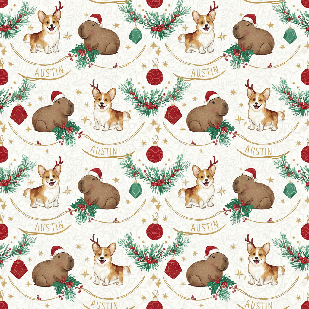 Personalized Christmas Wrapping Paper - christmas capybara corgis. classy | Custom AI Design | Wrapelle